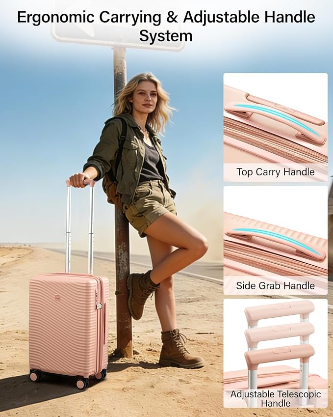 MILADA Expandable Carry On Luggage 20 Inch - Airline Approved Hardshell Suitcase with 8 Spinner Wheels, TSA Lock, Water-Resistant PC Shell, Lightweight & Durable for Travel, Pink