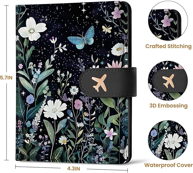 Passport Holder for Travel Essentials, RFID Blocking Leather Cover Wallet with Magnetic Closure, Aesthetic & Cute Passport Book Case for Women and Men - Starry Garden