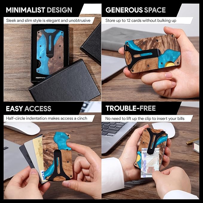 Wallet for Men, Minimalist Slim RFID Blocking Resin Wood Credit Card Holder with Money Clip, Easily Removable Cash&Card Metal Wallet,Resin River,Natuarl Walnut Wood,Unique Pattern,Gift for Men