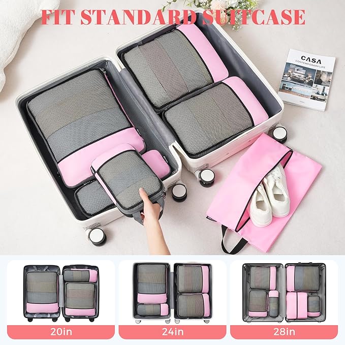 BAGAIL 4 Set/6 Set/8 Set Compression Packing Cubes Travel Accessories Expandable Packing Organizers (Half Mesh, 6-Pink)