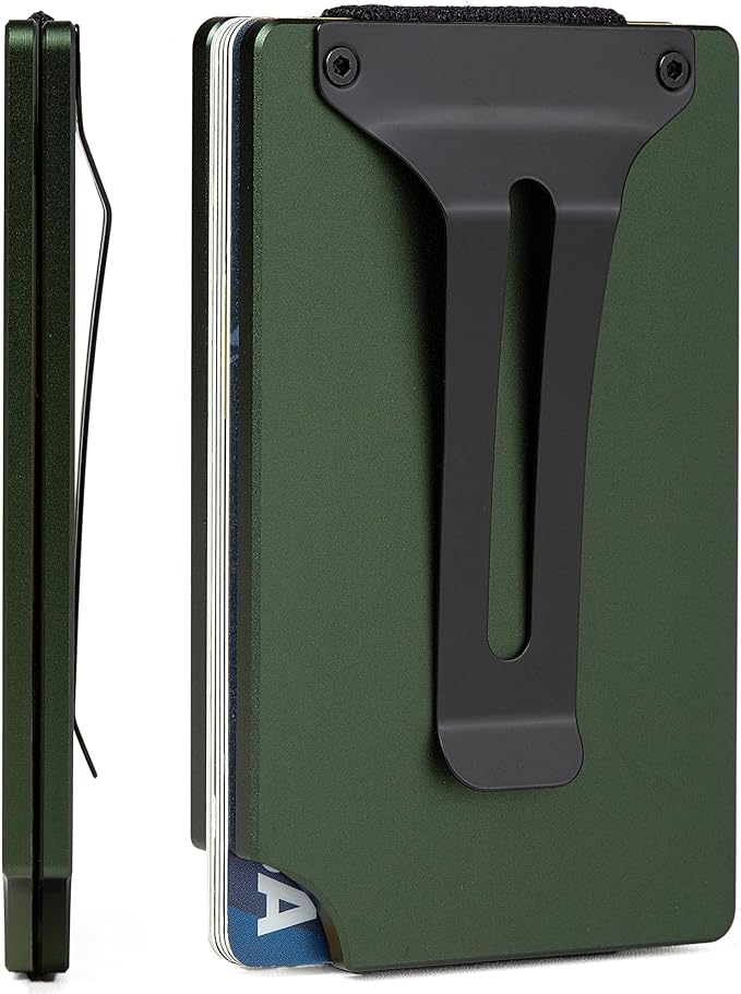 Minimalist Carbon Fiber Wallet for Men, Money Clip Cash Strap Wallet, RFID Blocking Metal Wallet Aluminum Card Holder,Front Pocket Wallet(Matte Green)