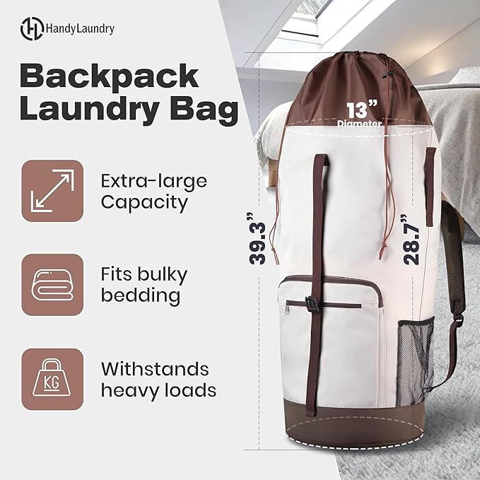 Handy Laundry Extra Large Laundry Bag Backpack – Heavy Duty, Water-Resistant, Adjustable Straps, Drawstring Closure, 3-4 Load Capacity, Pockets for College Dorm, Travel, Apartment Essentials, Beige