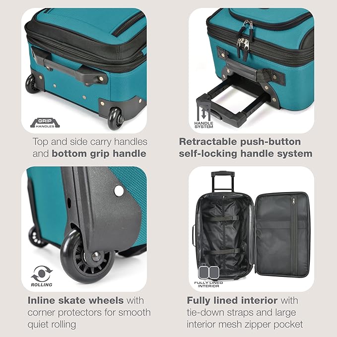U.S. Traveler Rio Lightweight Softside Rolling Carry-on Suitcase, 2-Wheel Single, Teal