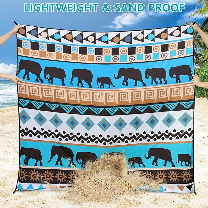 HIHOHO Beach Blanket Waterproof Sandproof Beach Mat for 1-8 Adults Quick Drying Durable Outdoor Picnic Mat for Beach Festival Travel Camping Hiking (Elephant-GN, 79"×83"(4 Person))