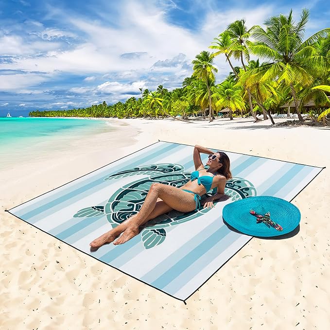 Beach Blanket Waterproof Sandproof Beach Mat 79”x 83” for 1-8 Adults Quick Drying Durable Outdoor Picnic Mat for Beach Festival Travel Camping Hiking (GN-Stripes Seaturtle, 79"×83"(4 Person))