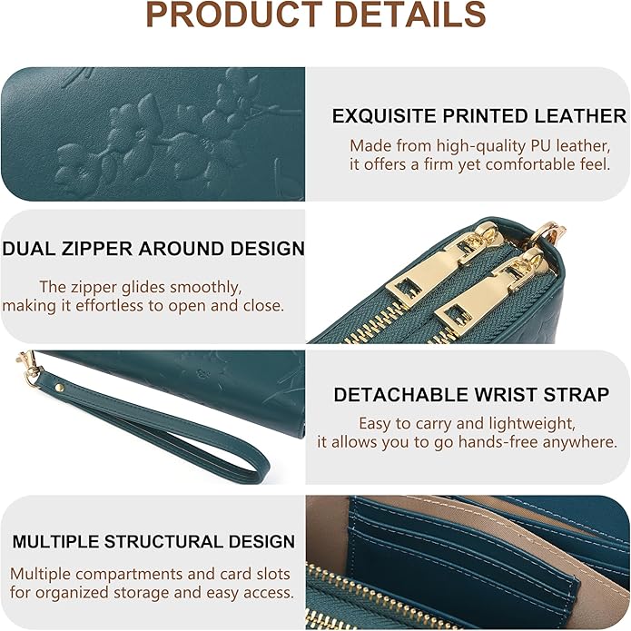 yiijay Womens Wallet RFID Blocking Large Capacity Vegan Leather Double Zip Wristlet Wallet Card Holder Travel Ladies Clutch