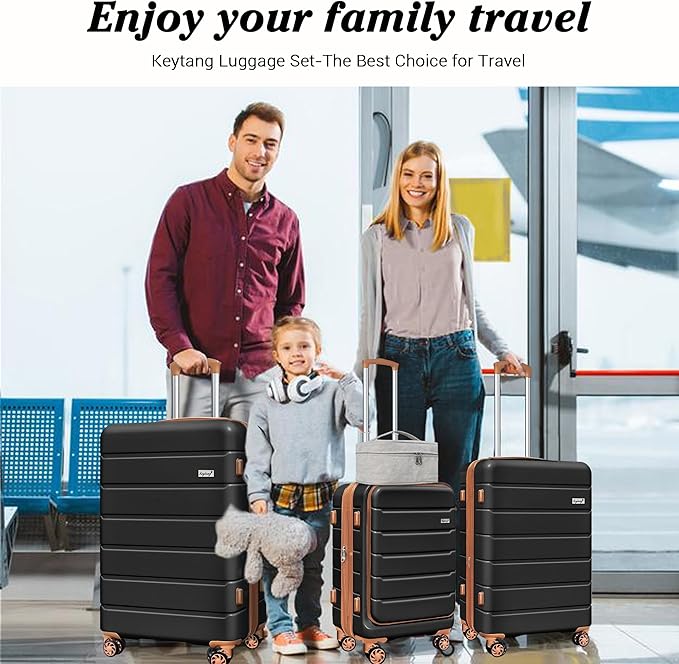 SmileLine 3-Piece Luggage Set Lightweight Hardside Suitcase TSA Lock Spinner Wheels, 20" Expandable Carry-On Luggage with Quick Access Front Open Pocket, Bonus Makeup Bag,Apricot Black