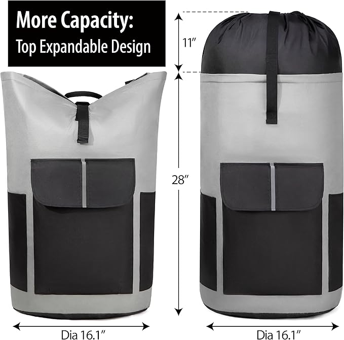 BeeGreen Grey-Black-Laundry-Bag-Backpack-Extra-Large-Heavy-Duty, 125L Portable Travel Laundry Backpack with Shoulder Straps & Extendable Clothes Hamper Bag 3 Pockets College Dorm Apartment Essentials