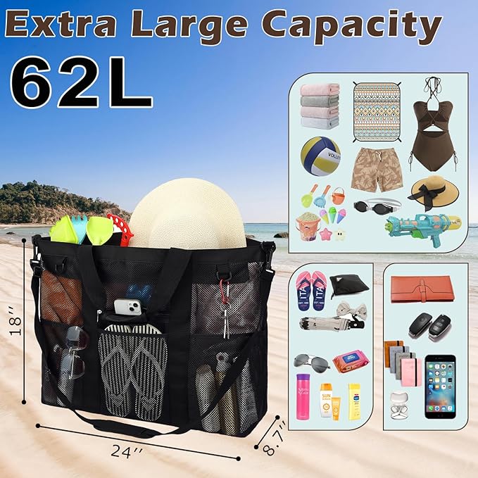 Fammart Mesh Beach Bag, Large Beach Tote with Zipper Pocket, Toys Pool Bag for Family Travel Vacation Cruise Essentials