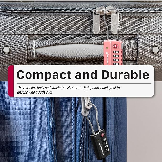 Fosmon Luggage Locks TSA Approved for Luggage & Suitcase, 4 Digit Mini Cable Locks Long Wire Padlock with 4 Combinations and Easy Reset Switch for Travel, Gym Locker, Gun Case, Backpack Zipper- 4 Pack