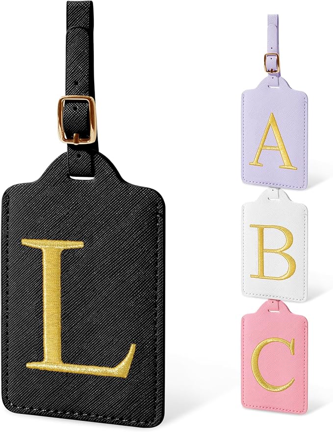 Personalized Initial Luggage Tags for Suitcases, Cute PU Leather Embroidered Letter Travel Luggage Tags, Suitcase Identifier Name Baggage Tag, Bag Tags for Men Women Kids Luggage Handbags(Black L)