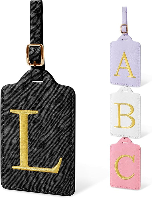 Personalized Initial Luggage Tags for Suitcases, Cute PU Leather Embroidered Letter Travel Luggage Tags, Suitcase Identifier Name Baggage Tag, Bag Tags for Men Women Kids Luggage Handbags(Black L)