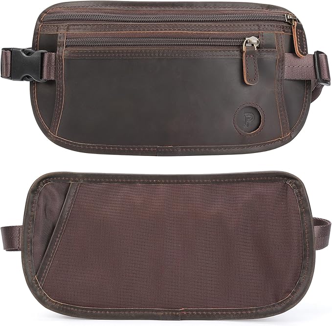 Polare Full Grain Leather Money Belt Hidden Passport Holder Wallet Travel Pouch with AirTag Slot Slim RFID Blocking Undercover Waist Bag