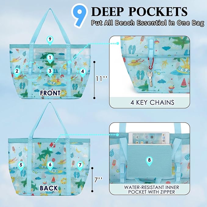 Fammart Mesh Beach Bag, Large Beach Tote with Zipper Pocket, Toys Pool Bag for Family Travel Vacation Cruise Essentials