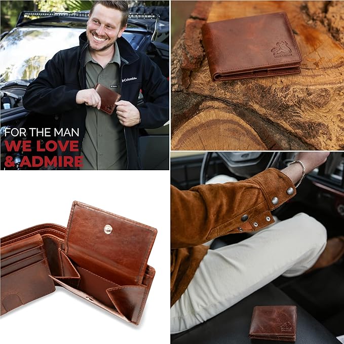 BULL GUARD Mens RFID Blocking Bifold Wallet Top Grain Leather Forest Brown, Secure and Durable Extra Capacity Billfold With 10 Credit Card Slots, Flip Up ID, Tight Stitching, Quick Access, Coin Pocket