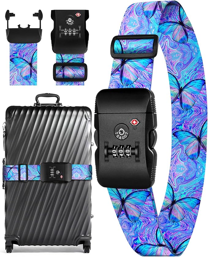 Slohif Luggage Straps TSA Lock for Suitcases - Travel Belt TSA Approved Accessories Luggage Identifiers Carry On Bag with Buckle Nylon Adjustable Band for Add a Bag Butterflies