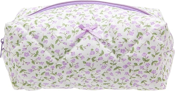 PAZIMIIK Cozy Makeup Bag Travel Cosmetic Bag for Women Soft Toiletry Bag Aesthetic Makeup Organizer Portable Large Zipper Pouch for Skincare Beauty Accessories Brushes Floral Purple