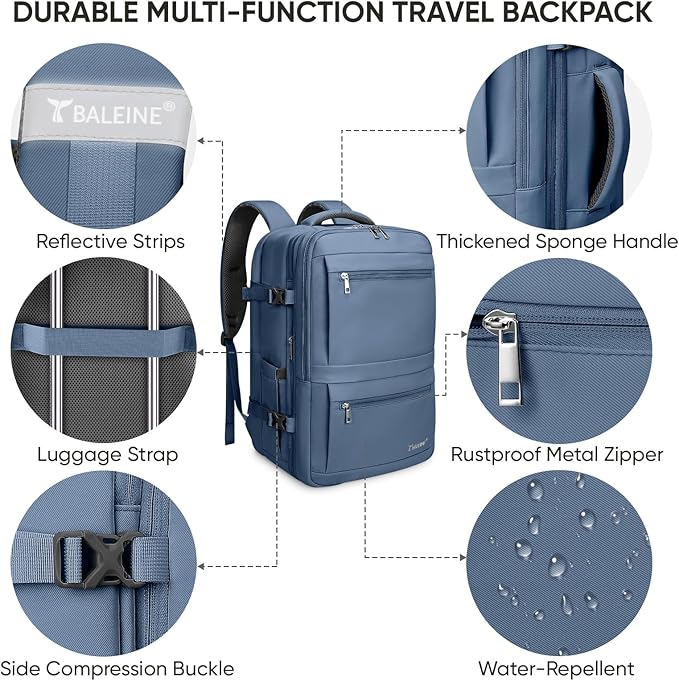 BALEINE Travel Backpack for Women Men, Large Sturdy Carry On Laptop Backpack Gifts for Business, Casual, Weekender, Hiking (XL, Dusty Blue)