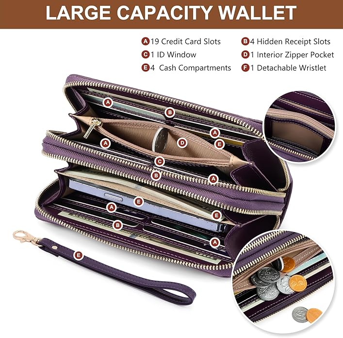 yiijay Womens Wallet RFID Blocking Large Capacity Vegan Leather Double Zip Wristlet Wallet Card Holder Travel Ladies Clutch