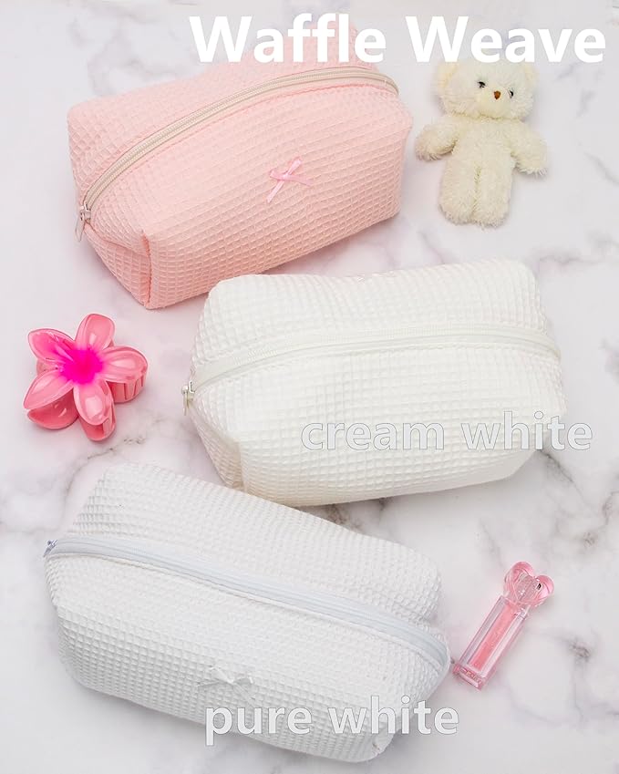 PAZIMIIK 2PCS Cozy Makeup Bag Travel Cosmetic Bag for Women Soft Toiletry Bag Aesthetic Makeup Organizer Portable Large Zipper Pouch for Skincare Beauty Accessories Brushes Waffle Check Cream White