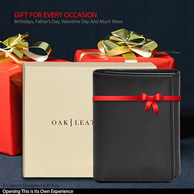Real Leather Mens Trifold Wallet RFID Blocking Slim Minimalist Front Pocket - Thin & Stylish with ID Window in Gift Box
