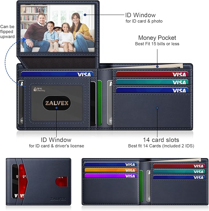 Wallet for Men Slim RFID Blocking Leather Credit Card Holder Wallet for 14 Cards, Bifold Minimalist Thin Wallet with 2 ID Windows & Cash Slot, Front Pockt Carteras Para Hombres, Birthday Gifts for Men