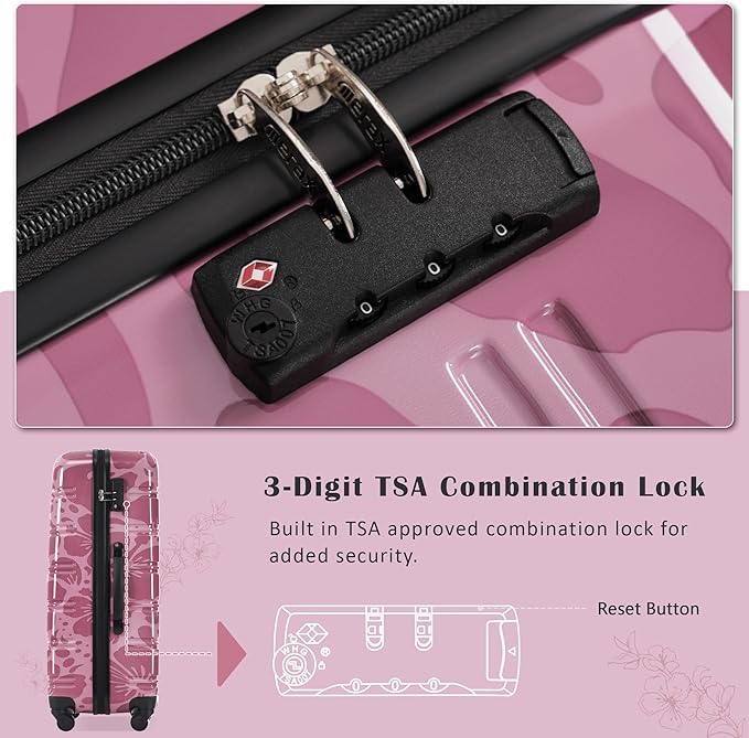 Merax Luggage Sets 3 Piece, Hardside Suitcase Set with Spinner Wheels, Lightweight 20+24+28 IN Suitcase with Carry on Luggage, Purple Pink