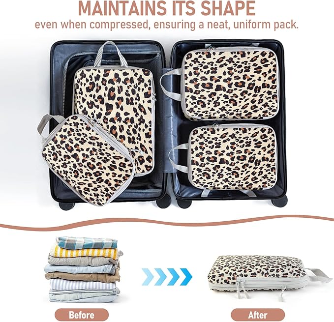 4 Set Compression Packing Cubes For Travel Bags Organizer For Luggage Suitcase Organizer, Compression Bags For Travel Accessories Luggage Storage Set (4 Pcs, Brown Leopard)