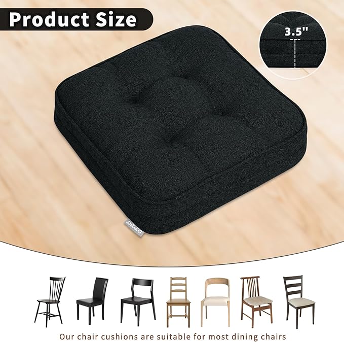 GOFORIT Memory Foam Seat Cushion，Kitchen Chair Cushions for Dining Chairs,Non-Slip Chair Pads with Removable Cover, 16'' x 16'', Black