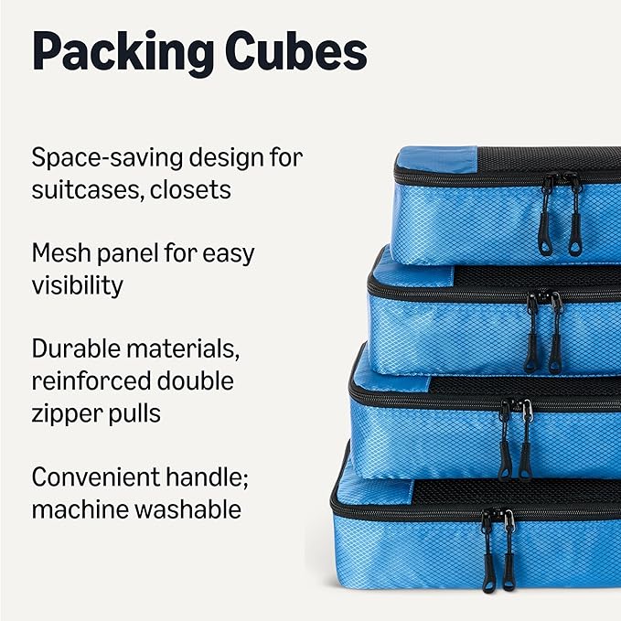 Amazon Essentials 4-Piece Space-Saving Packing Cubes Travel Accessories Set, Suitcase Organizer with Double Zipper, Mesh Top, Small, Sky Blue (Previously Amazon Basics)