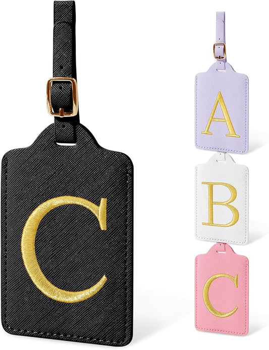 Initial Luggage Tags for Suitcases, Cute Embroidered Letter Luggage Bag Suitcase Identifier Name Baggage Tag, PU Leather Travel Luggage Tags, Bag Tags for Men Women Kids Luggage Handbags(Black C)