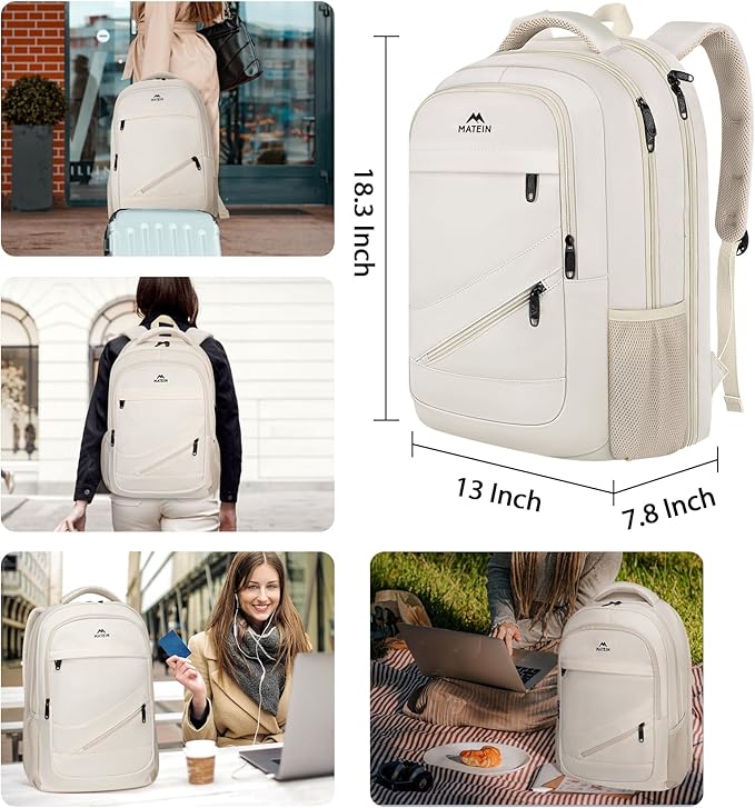 MATEIN Laptop Backpack Women Large Capacity, TSA Travel Backpack with Luggage Strap & Anti Theft Pocket, Water Resistant Teacher College Bookbag Fits 17 Inch Computer, Stylish Beige Work Daypack