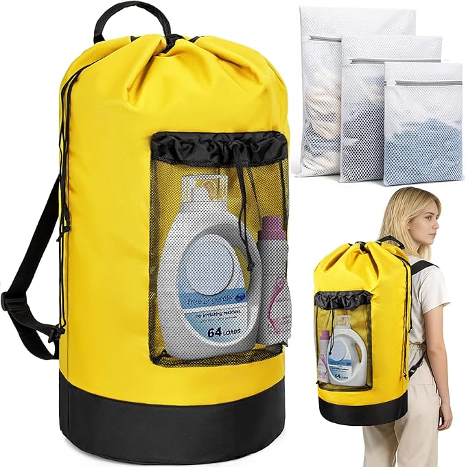 150L Laundry Bag Backpack with 3 Sizes Mesh Wash Bags and Shoulder Straps Foldable Clothes Hamper Bag with Drawstring Closure for College, Apartment, Laundromat (Yellow)