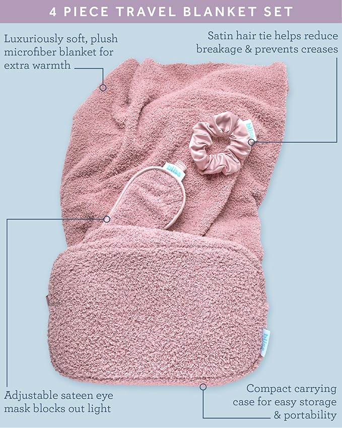 Bliss Womens Travel Blanket Set - 4 Piece Plush Microfiber Packable Travel Blanket with Relaxing Sleep Mask, Carry On Case, and Satin Hair Tie, Pink Gaze