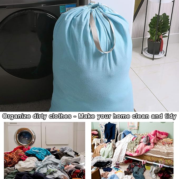 Heavy Duty Laundry Bag with Drawstring and Handle, Extra Large Travel Dirty Clothes Bag for Laundromat and Household, Durable Rip-Stop Laundry Hamper Liner, 28 x 40 Inch by SANFERGE, Light Blue