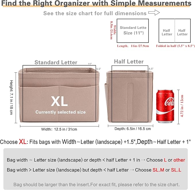 Purse Organizer Insert, Handbag Organizer with Zipper, Tote Shaper with Cup Holder & Keychain, Compatible with LV, Neverfull, MK, COACH, Longchamp, Kate Spade – Khaki-XL