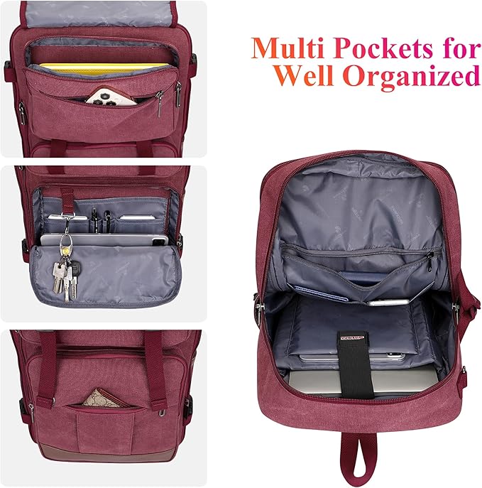 WITZMAN Canvas Travel Backpack for Women Large Laptop Backpack Fit 16 inch Carry-on Airline Approved Convertible Shoulder Rucksack(A6617-3 Red)
