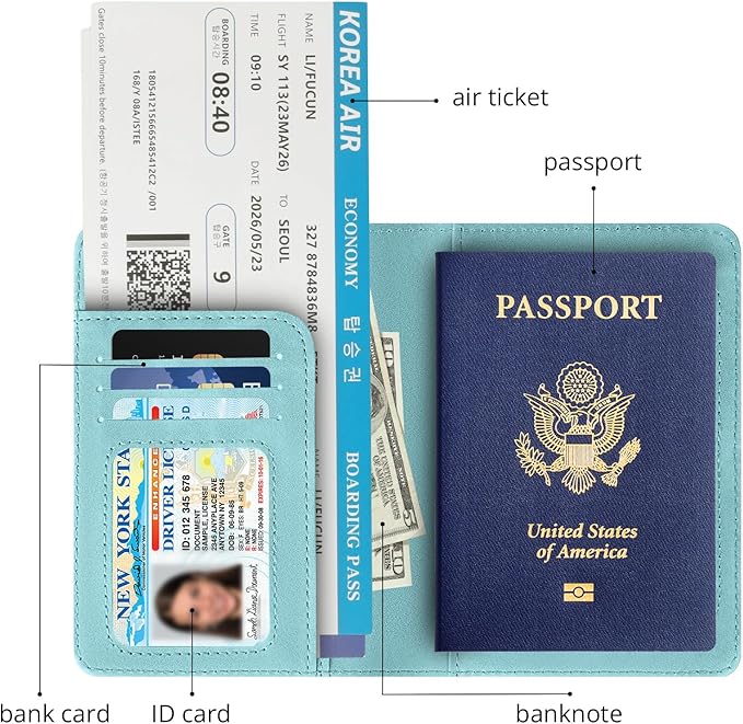 Passport Holder for Travel Essentials,RFID Blocking Passport Cover Wallet Card Case for Women and Men (Light Green)