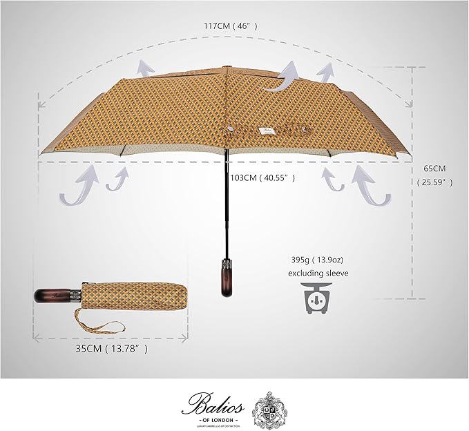 Balios Travel Folding Umbrella with Real Wood Handle Auto Open Close Vented Windproof Canopy - Designed in UK
