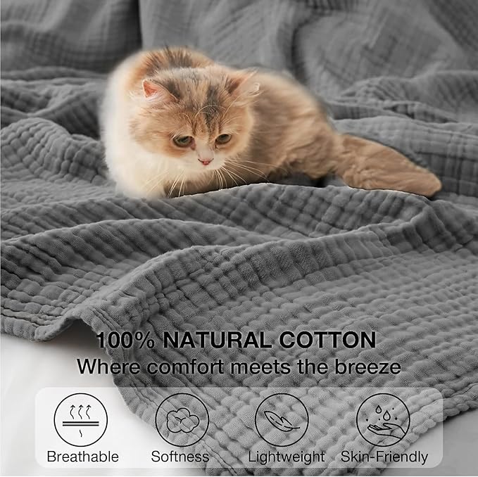 100% Cotton Muslin Blanket 50" x 60", Breathable and Lightweight Cotton Throw Blankets for Couch, Soft Cooling Summer Gauze Blanket for Adults All Season, Charcoal Grey