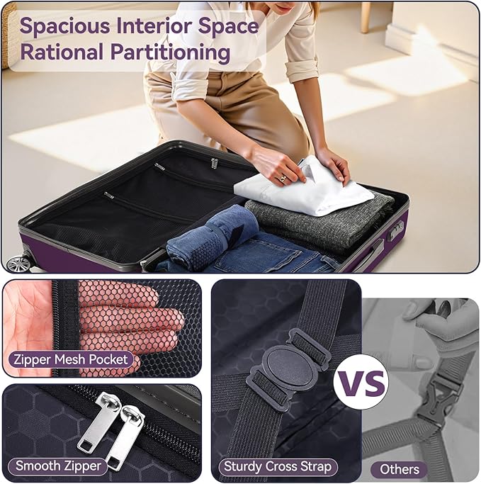 Hoteel Luggage Sets 3 Piece ABS+PC Hardside, 4-Year Warranty, Luggage Set with Spinner Wheels, TSA Lock, Lightweight Carry on Luggage, 20" Suitcase with Duffel & Organizer, Purple