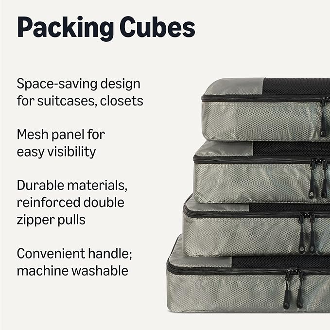 Amazon Essentials 4-Piece Packing Cubes Travel Accessories Set, Luggage Organizer, Suitcase Organizer with Double Zipper, Mesh Top, Space-Saving, Large, Gray (Previously Amazon Basics)