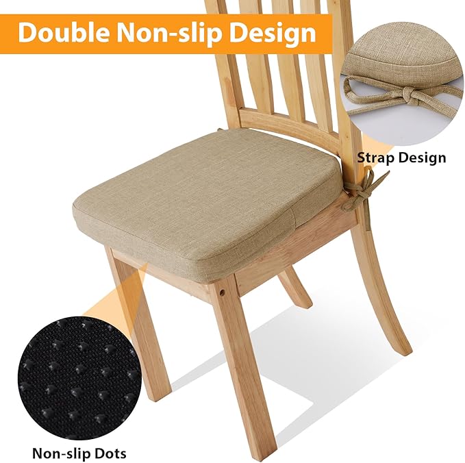 Chair Cushions for Dining Chairs, 2" Thick Seat Cushions for Kitchen Chairs, D-Shaped Chair Pads with Washable Cover, Ties and Non Slip Backing, 17'' x 16'', Set of 4, Khaki