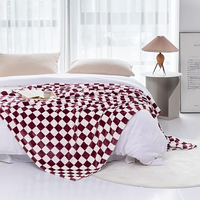 LOMAO Throw Blankets Flannel Blanket with Checkerboard Grid Pattern Soft Throw Blanket for Couch, Bed, Sofa Luxurious Warm and Cozy for All Seasons (Burgundy, 40"x60")