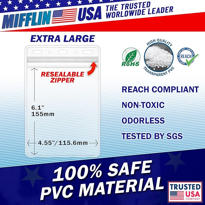 Mifflin-USA Passport & Card Holders (Clear, 4x6 inch, 50 Pack), Extra Large (XXL) ID Name Badge Holder, Waterproof Vertical Plastic Card Holders