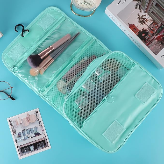Pengxiaomei Hanging Toiletry Bag, Mint Green Waterproof Cosmetic Bag Portable Makeup Pouch Travel Wash Bag with Handle for Kids Teen Girls Wedding Mothers Day Gifts