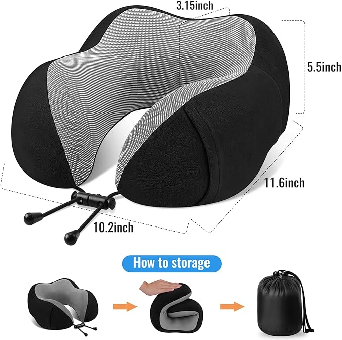 CloudBliss Travel Pillow Premium Memory Foam, Comfortable & Supportive Neck Pillow, Neck Pillows for Sleeping Travel, Airplane Pillow for Sleeping Airplane, Car, Office and Home（Black & Black）