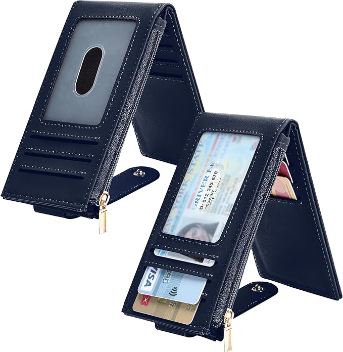 Chelmon Womens Wallet Slim RFID Blocking Bifold Multi Card Case Wallet with Zipper Pocket (Navy Blue)