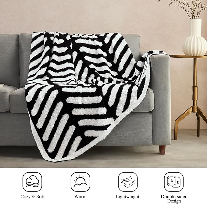 Throw Blanket, Soft Cozy Fluffy Striped Throw Blankets for Couch, Sofa, Bed, Chair, Warm Fuzzy Plush Lightweight Decorative Stripe Blanket, Black White, 50x60 inches