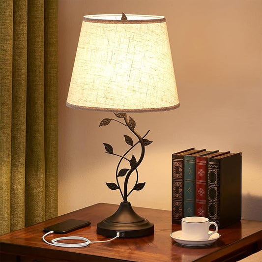 Kakanuo Table Lamp for Living Room, Bedside Lamp for Bedroom, Rustic Lamp | Knob Switch, USB C+A Charging Ports, Corded, Traditional Rustic Leaf Lamp for Livingroom, Bedside, Bedroom, Nightstand